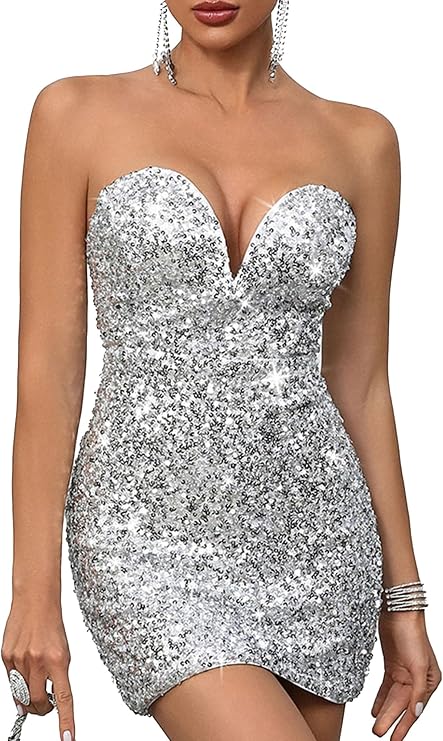 Women's Sequin Dress Sexy Deep V Neck Strapless Tube Top Dresses Party Club Night Outfits