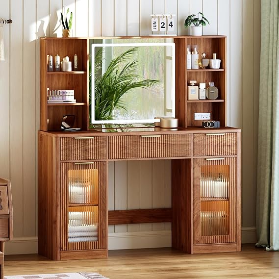 51" Large Vanity,Modern Fluted Makeup Vanity Desk with Mirror and Lights, Glass Top Vanity with 3 Drawers and 2 Cabinets&Charging Station,Dressing Table for women and girls bedrooms. Walnut