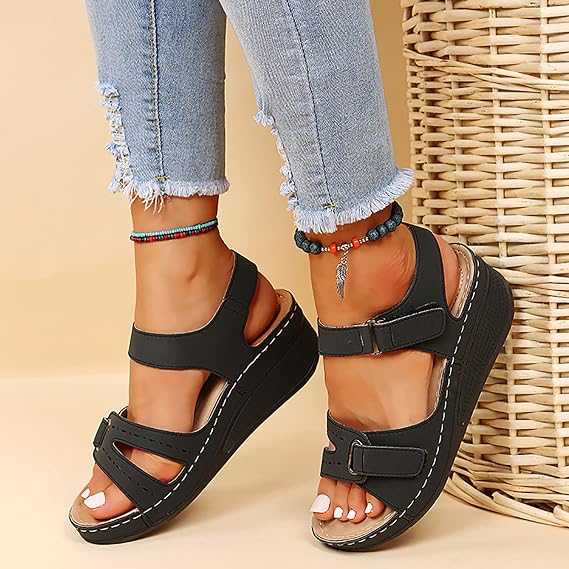 Dheva-C Orthopedic Wedge Sandals for Women Open Toe Ankle Strap Platform Sandals Casual Strappy Low Wedges Sandals Zipper Summer Beach Sandals Dress Shoes Comfortable Outdoor Shoes (Black, 6.5)