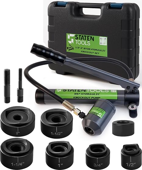 1/2" - 2" Hydraulic Knockout Punch Set | 8 US Tons | Knock Out Set with 6 Dies | Punching Capacity 11-16 Gauge | 1 Year WARRENTY | Staten Tools