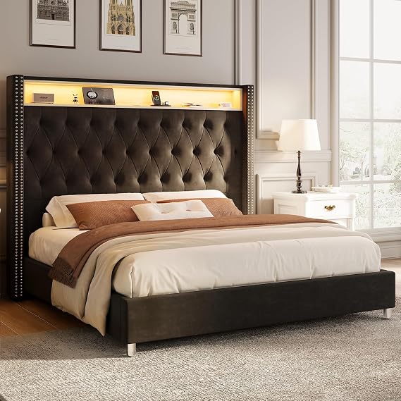 Jocisland Queen Bed Frame, 53.2" Velvet Headboard, LED & Charging, Black