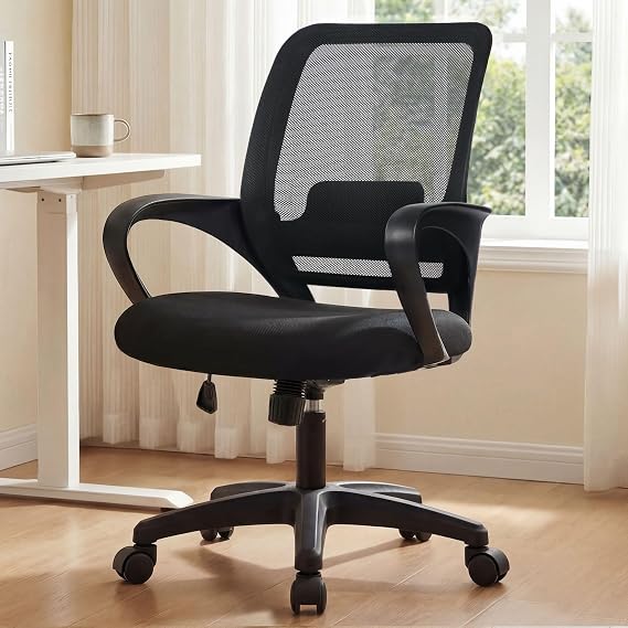NEO CHAIR Office Desk Ergonomic Computer Mesh Chair with Lumbar Mid Back Support Adjustable Height Swivel Rolling Wheels Comfy Task Vanity Chair for Home Bedroom Study Black