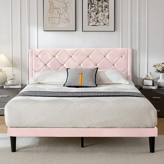 Full Size Platform Bed Frame with Velvet Headboard