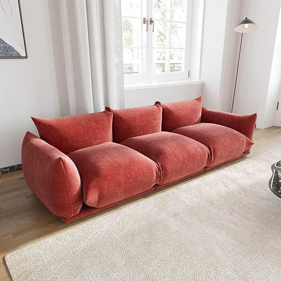 Mid-Century Modern Comfy 3 Seater Couch, Chenille Sectional Sofa 3 Seats Modular Couches with Thick Cushion, 103" Plush Sofas Furniture for Living Room Bedroom Office Apartment, Red