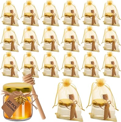 20Pack 1.7 oz round Mini Glass Honey Jars, small Glass Jars with gold Lids,Wooden Honey Sticks,Bronze Bee Pendants,Small Tags, Wedding Favors,Jams 50ml 20
