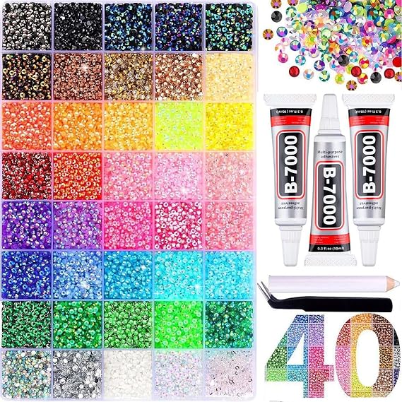 40000 Bedazzling Kit Rhinestones with 3 PCS Glues & Pen & Tweezers | 40 Colours Bedazzler Kit Gems for DIY Nails Clothes Shoes Decoration, Diamond Art Crafts