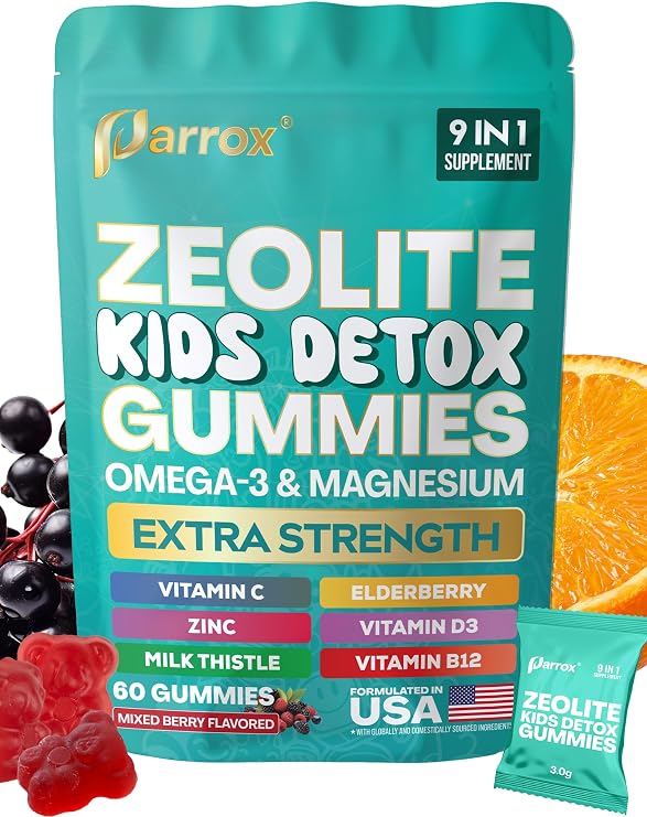 Zeolite Kids Detox Gummies, 9-in-1 Sugar-Free, Berry, 60 Gummies | Mixed Berry with Zeolite, Omega-3, Magnesium, Elderberry, Vitamin C, Milk Thistle, Vitamin D3, Zinc, B12