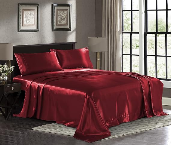 Satin Sheets California King [4-Piece, Burgundy] Luxury Silky Bed Sheets Extra Soft 1800 Microfiber Sheet Set, Wrinkle, Fade, Stain Resistant - Deep Pocket Fitted Sheet, Flat Sheet, Pillow Cases