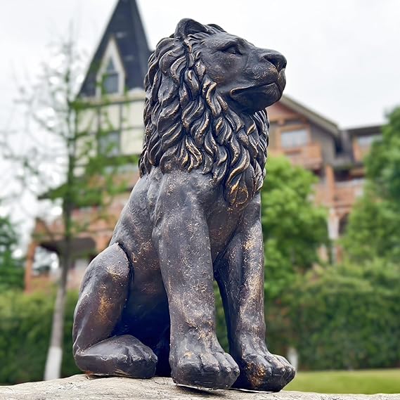 GENUINQ 23" H Guardian Lion Statue Sculpture Home Garden Decor Bronze