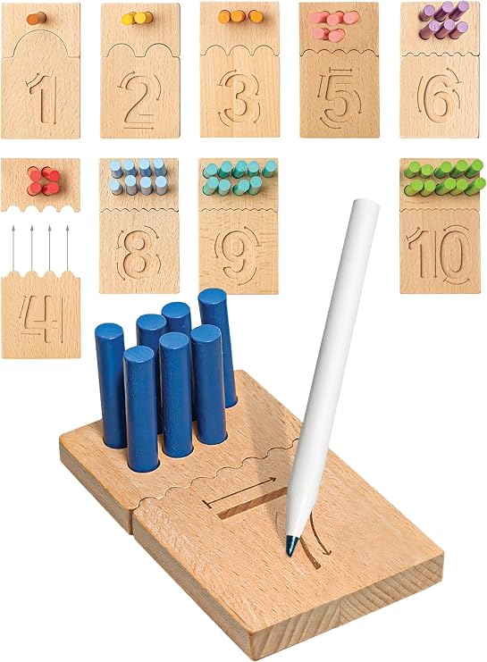 Bimi Boo Peg Board for Toddlers - Wooden Counting Peg Board and Number Tracing Set, Montessori Math Toy for Preschoolers and Kindergarten (55 Pegs, 10 Boards, 1 Pencil)