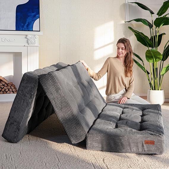 MAXYOYO Folding Mattress, Comfy Corduroy Foldable Mattress with 15cm Thicken Foam, Tri-Fold Floor Futon Sofa Bed for Guest,Dark gray,Double