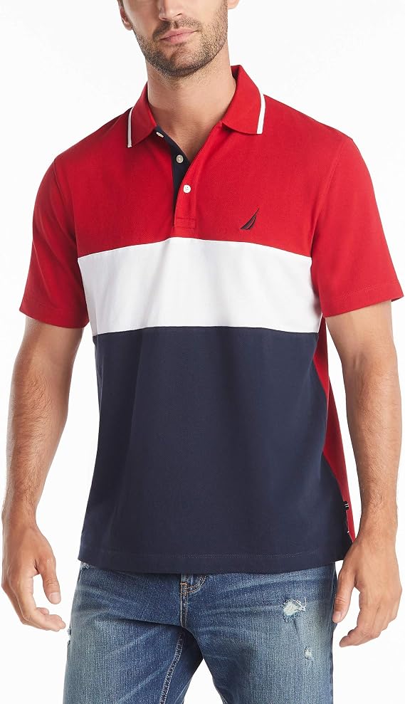 Nautica Men's Short Sleeve 100% Cotton Pique Color Block Polo Shirt Polo Shirt
