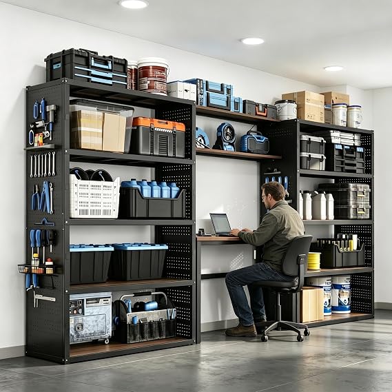 FLEXIMOUNTS 142" Garage Storage System with Workbench & Pegboard, Black