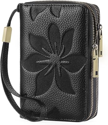 GOIACII Womens Wallet Double Zip Around Credit Card Holder Ladies Wallet Rfid Blocking Wristlet Purse Medium Size Leather Black