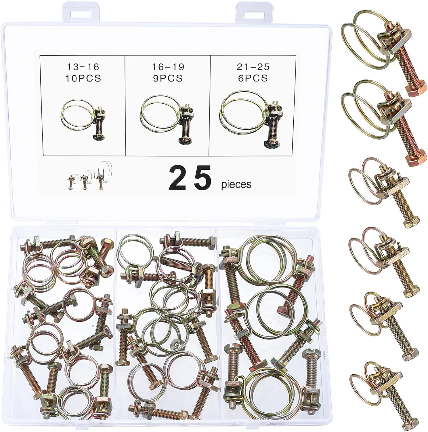 25 Stück Doppeldraht Schlauchschellen Einstellbar Rohrschellen Kohlenstoffstahl Schlauchklemmen Drahtschlauchschellen für Wasser Rohr Tank Automobil Tubing Rohr 13-16mm 16-10mm 21-25mm