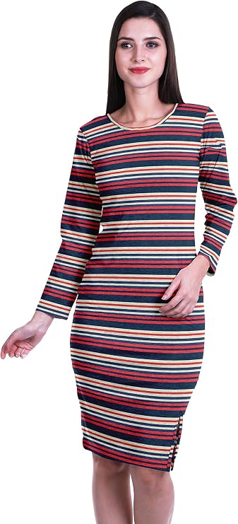Moomaya Printed Full Sleeve Bodycon Dress for Women Scoop Neck Side Slit Casual Clothing