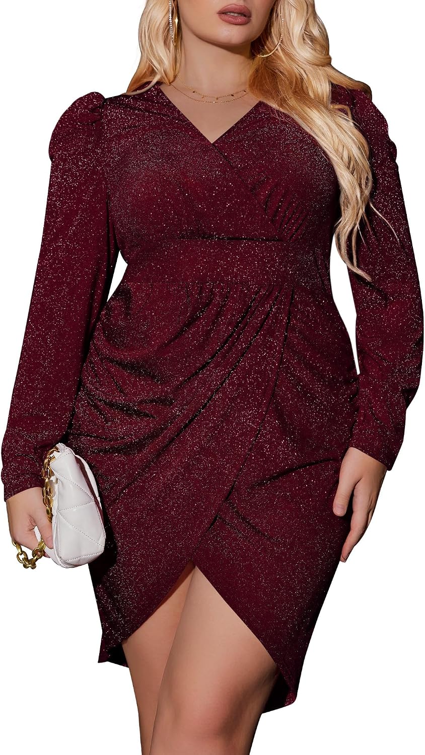INVOLAND Plus Size Womens Sequin Sparkly Glitter Party Club Dress V Neck Ruched Cocktail Bodycon Dress
