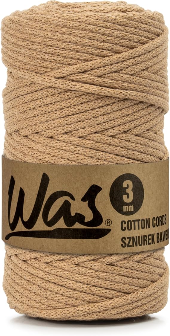 WAS Cotton Cord with Polyester Core 3 mm 100 m Caramel Braided Cord for Macrame Garden Crafts Gift Packaging Decoration DIY