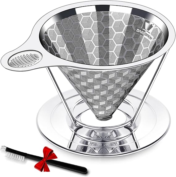 Triple Layer Pour Over Coffee Filter Durable Pour Over Coffee Dripper Easy Clean Metal Cone Filter Paperless Stainless Steel Pour Over Coffee Maker With Holder 2 Cup (HOLDER)