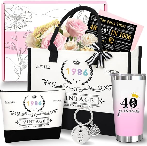 40th 1986 Birthday Gifts for Women, 40 Year Old Birthday Fabulous Gifts for Women, Cool 40th Gift Canvas Tote Bag Set for Woman, Turning 40th Cup Gift Basket for Her Mom Sister Wife