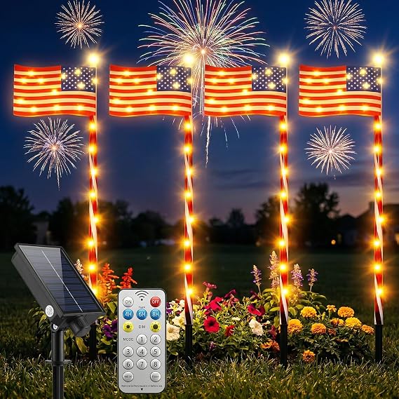 FREECUBE Solar American Flag Pathway Lights Outdoor, 4 Pack 4th of July Decorations, Waterproof Solar Garden Lights with Remote, 8 Modes, Timer, Dimmable for Yard Lawn Independence Day Decor