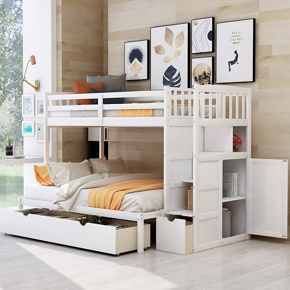 Harper & Bright Designs Twin Over Full Twin Bunk Bed Frame for Kids, Convertible Bottom Bed, Storage Shelves and Drawers, White