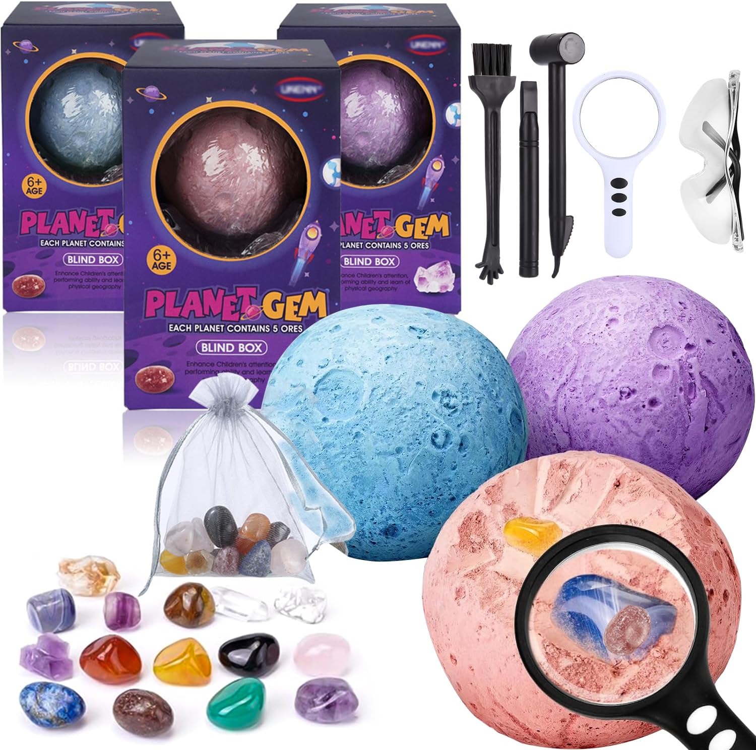 LEAZZLE Excavation Set for Children from 6 Years Gemstones Excavation Set with 15 Natural Gemstones and Crystals Mineralogy Toy Geology Archeology Gift for Boys and Girls 3 Pieces