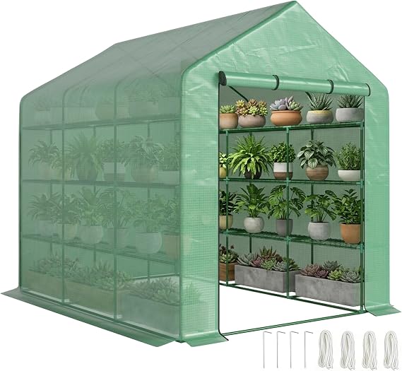 Outsunny 8' x 6' x 7' Walk-in Greenhouse PE Cover 4-Tier Shelves Green
