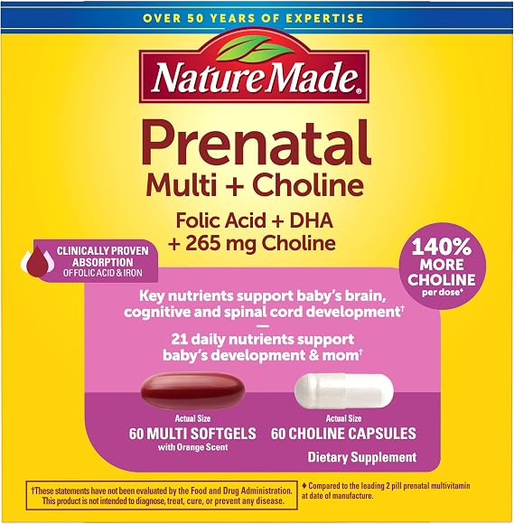 Nature Made Prenatal Vitamin Softgels + Choline Capsules, 60 Count of Each