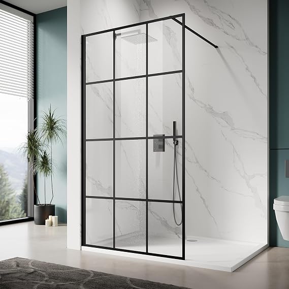 ELEGANT 40" W x 74" H Black Framed Shower Glass Door, 5/16" Tempered Glass | Fixed Shower Glass Panel, Stainless Support Bar, Reversible Installation