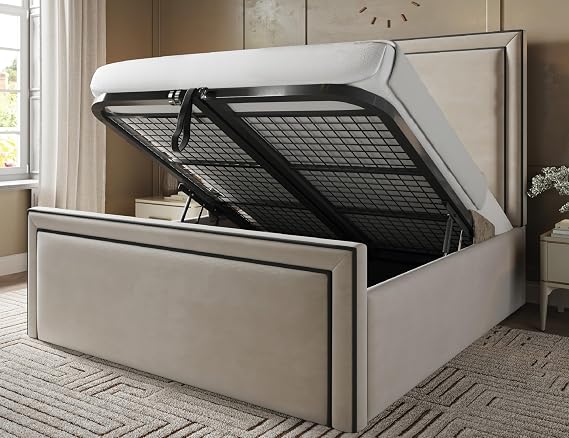 Imperial Ottoman Bed Double 4ft6, Plush Velvet Gas Lift Double Beds Frame with Storage, Luxury Frame with Headboard, Space Saving Ottoman Bed for Stylish Bedrooms in Cream Plush