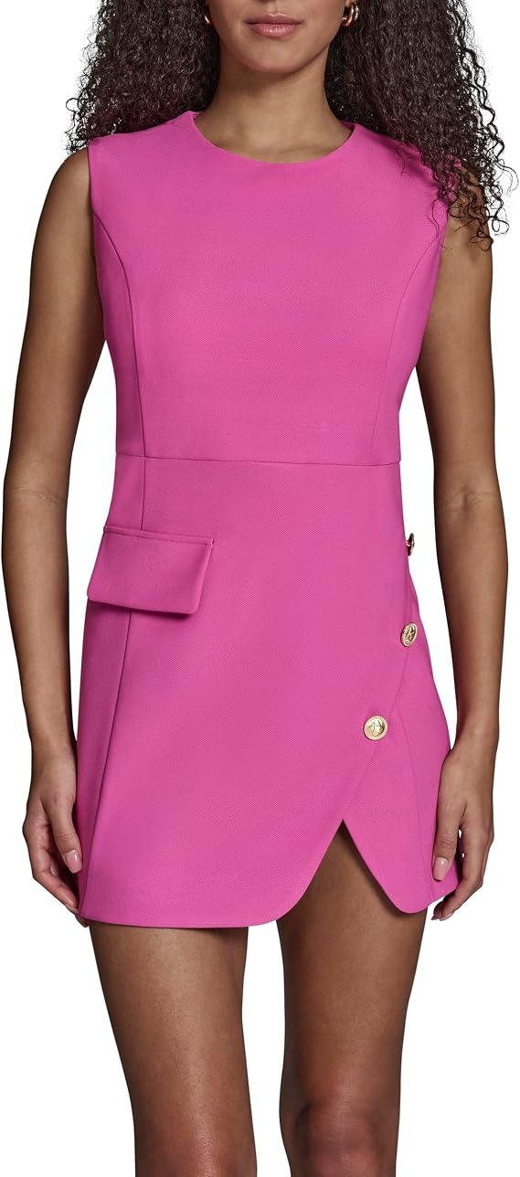 BCBG Women's Sleeveless Jewel Neck Button Split Detail Tweed Mini Dress