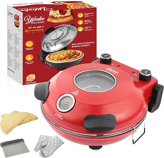 Electric-Pizza-Oven-Indoor, 31CM 1200W Pizza Maker, Red | Includes a Ceramic Pizza Stone, Dough Scraper, Pizza Peel & Oven Glove; Thermometer, Dual Temperature Control, Up to 420°C