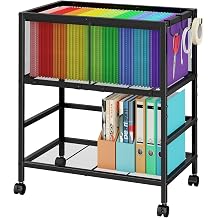 Rolling File Cart for Letter Size, Metal Hanging File Organizer with Storage Shelf, 2-Tier Mobile File Cabinet with 360 Wheels & Hooks, Under Desk Filing Cabinets for Home Office, Black