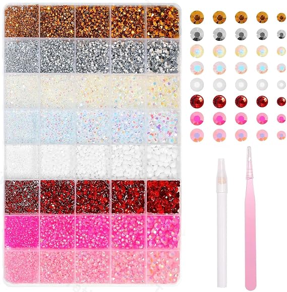30000Pcs Rhinestones Bedazzling Kit, Pink White Red Sliver Gold Resin Rhinestones for Bedazzling, 2/3/4/5/6mm Flatback Gems for Crafts, Bedazzling Kit for Clothing Shoes DIY Face Makeup Tumblers
