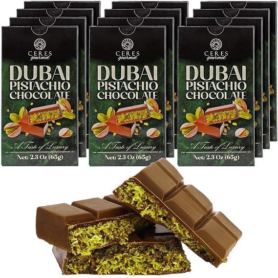 Dubai Pistachio Chocolate Bar (12 Count) KnafehInspired Milk Chocolate | 2.3 oz (65 g) Each Crunchy Kataifi & PistachioFilled Snack Treat