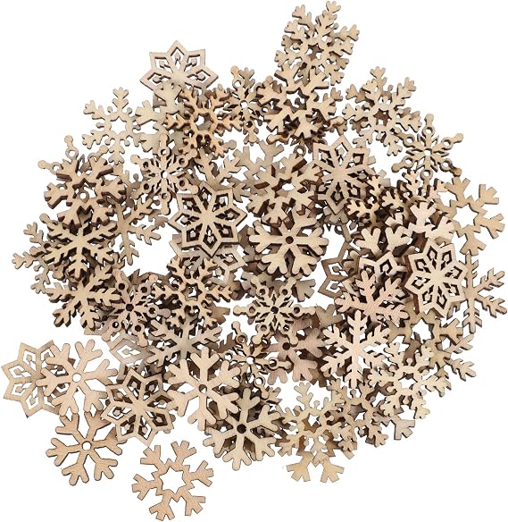 100pcs Assorted Pattern Wooden Pieces Christmas Snowflake Cutouts Craft Embellishments DIY Decorative Accessories Manual Ornament for DIY Art