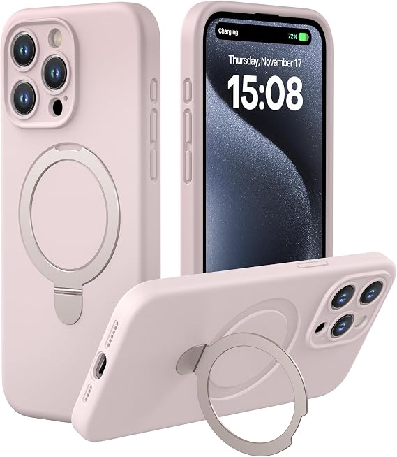 CellEver Strong Magnetic Case for iPhone 15 Pro Max [for MagSafe Charging] [Camera Protection] Heavy-Duty Protection, Soft Grip Silicone Cover with Kickstand, Chalk Pink