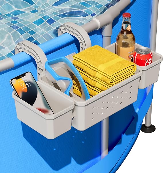 SHAPON 2026 Upgrade Poolside Storage Basket with 2 Cup Holders, Pool Drink Holder Stretchable Organizer for Drinks & Pool Supplies, Perfect Above Ground Pool Accessories for Most Frame Swimming Pools