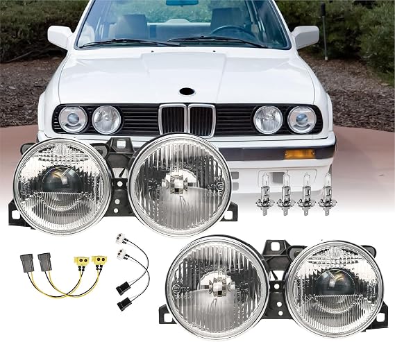 USR DEPO 84-91 E30 3 Series Euro Smiley Projector Glass Lens Headlight Assembly (Left + Right) Compatible with 1984-1991 BMW E30 3-Series 2D Coupe,4D Sedan&Convertible (Bulbs+Wiring Inc, Plug n Play)