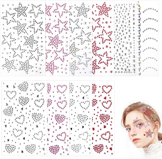 10 Sheets Face Gems Stickers, Festival Star Stick on Jewels for Body Hair