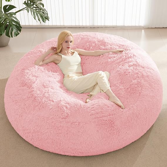 Fluffy Bean Bag for Stuffed Animals Storage, Faux Fur Washable Bean Bag Chair Cover(No Filler) for Textile Plush Toys, Beanbag Chair Cover for Adults Kids Teens, 5FT, Pink