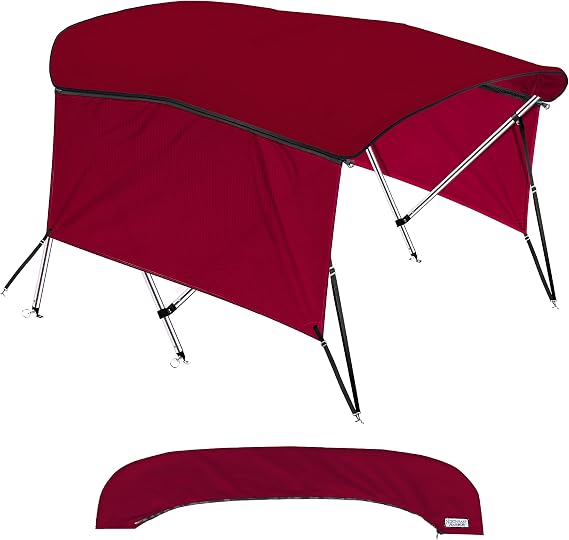 Universal 3 Bow Bimini Tops for Boats with Detachable Sidewalls, 900D Marine Canvas, Sun Shade Boat Canopy Kit, Bimini Top Hardware, Frame, Support Poles, Storage Boot, 54-60" W, Burgundy