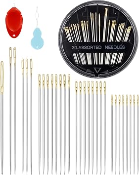 FIVEIZERO 30-Count Steel Needles for Hand Sewing, 6 Sizes Large Eye Embroidery and Hand Quilting Needles Kit with Threaders for Art & Craft Projects