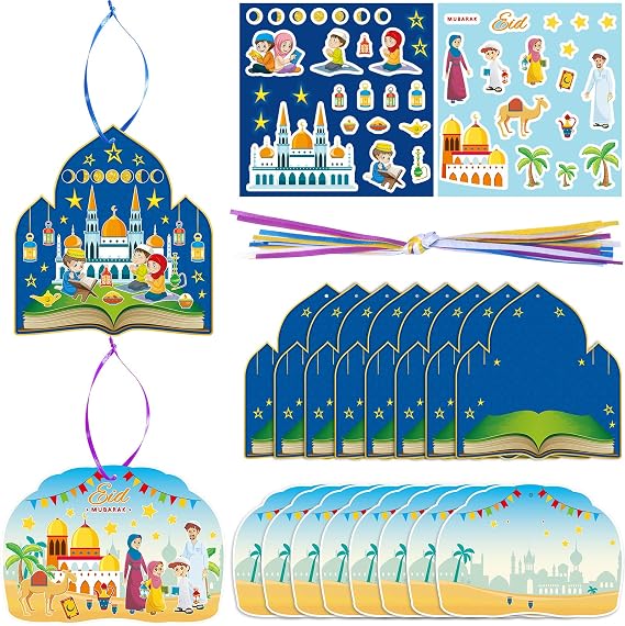 Yisong 24 Sets Eid Mubarak Ramadan Craft Kit, Include 24 Ramadan DIY Card and 24 Set Mosque Scene Stickers 24 Hanging Rope, Eid Mubarak DIY Gift Muslim Hanging Ornament Decoration Party Favors