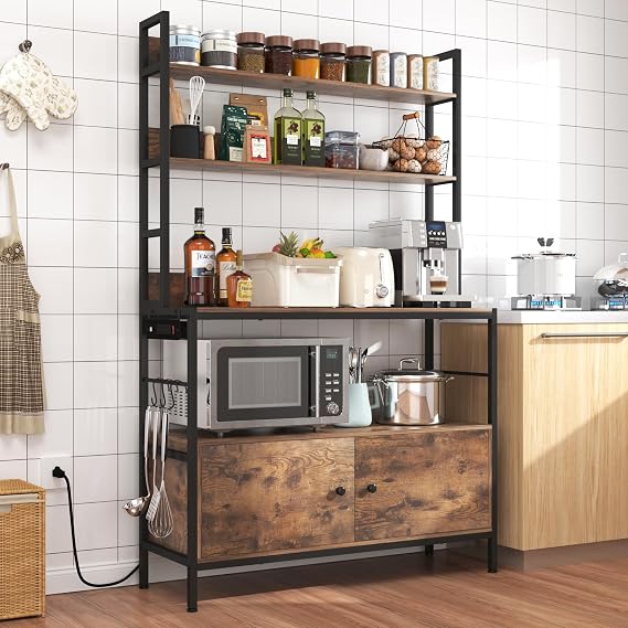 5-Tier Kitchen Bakers Rack with Power Outlet,Large Bakers Rack with Storage Cabinet, Heavy Duty Oven Stand Microwave ,Free Standing Kitchen Utility Shelf with Storage,Shelf Organizer with Hooks