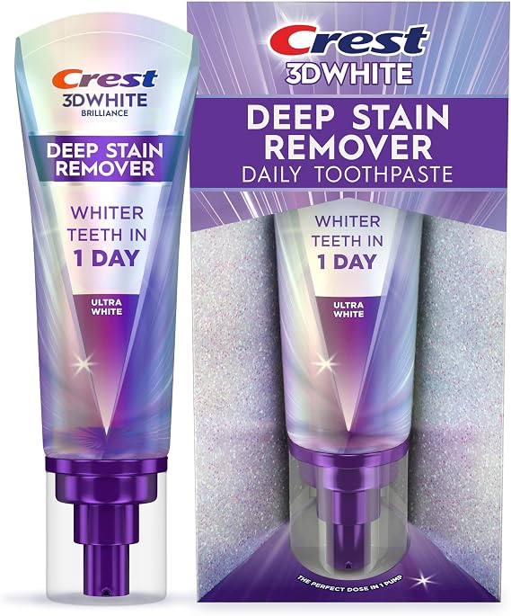 Crest 3DWhite Deep Stain Remover Ultra White Toothpaste, 3.1 oz (Pack of 1), Whiter Teeth in 1 Day, Enamel Safe Fluoride Toothpaste for Fast Stain Removal and Prevention