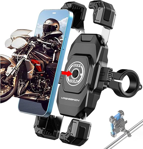 VAZESWIN Motorcycle Bike Phone Mount Fit 5.5"-7.2" Phone, 1s Lock & Release | One-Handed Operation Motorcycle Cellphone Holder with Aluminum Alloy Handlebar Mounting Base for Bicycle Scooter, Safety Lock