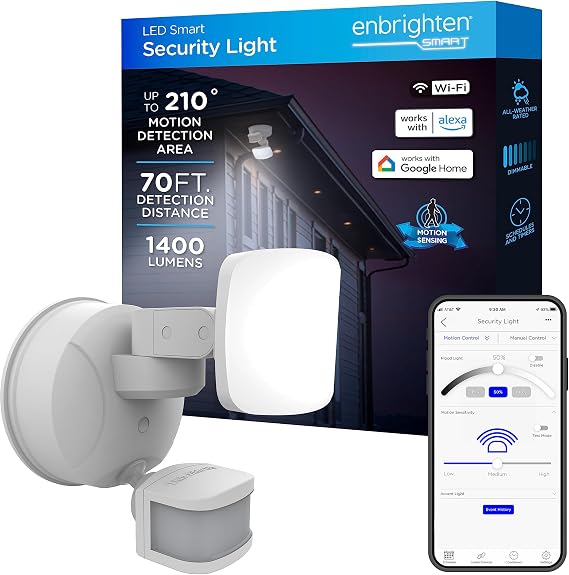 Enbrighten VIBE Smart LED Security Light, Motion Activated, Single Head, ETL Listed, UV Resistant, 1400 Lumens, 4000K, Compatible with Alexa, Google Home, White, 58185