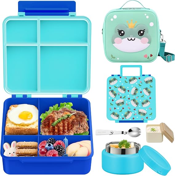 Kids Bento Box - 4 Compartment, Leak-Proof, with Soup Thermo | 9oz Soup Thermo Included, Insulated Lunch Bag, For Boys & Girls, School & Travel